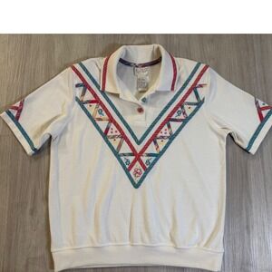 Koret Francisca Petites Vintage Polo Shirt Ivory Embroidered Plaid Trim Small